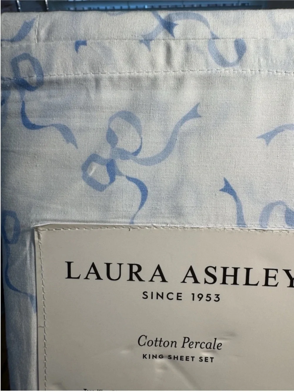 Laura Ashley King Blue Bow 100% Percale Cotton Sheet Set NWT Cottagecore